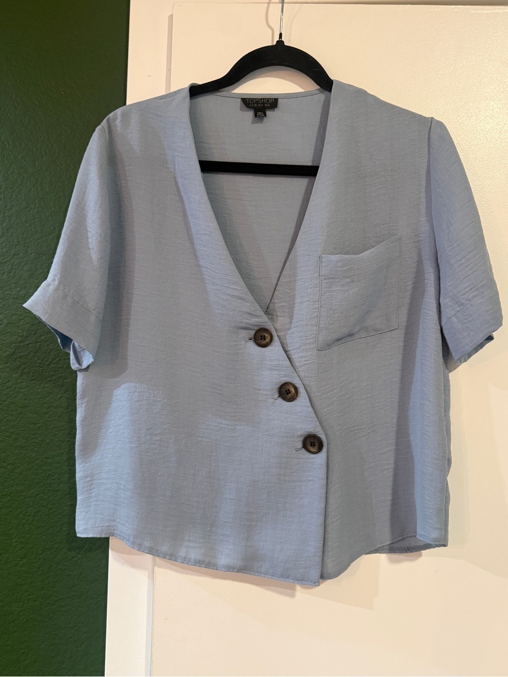 Topshop Pale Blue Short Sleeve Wrap-Style Button Shirt